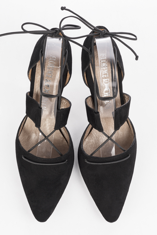 Matt black women's open side shoes, with lace straps. Tapered toe. High spool heels. Top view - Florence KOOIJMAN